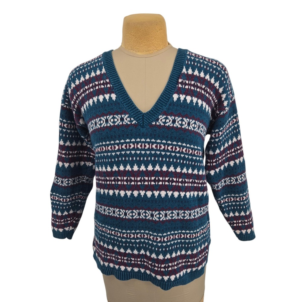 Paris Sport Club Sweater M Fair Isle V-Neck Ramie Cotton Vintage 90s Preppy